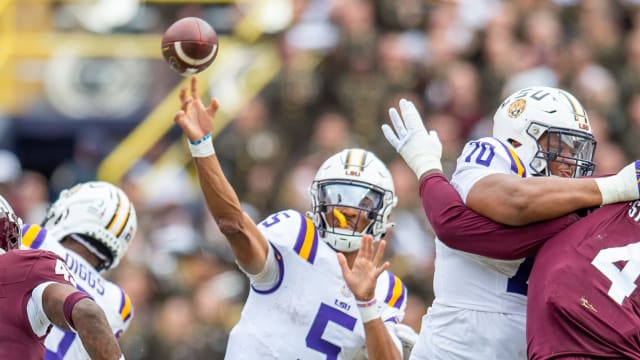 Quarterback Jayden Daniels 5 as the LSU Tigers take on Texas A&M in Tiger Stadium in Baton Rouge, Louisiana, November 25, 2023.